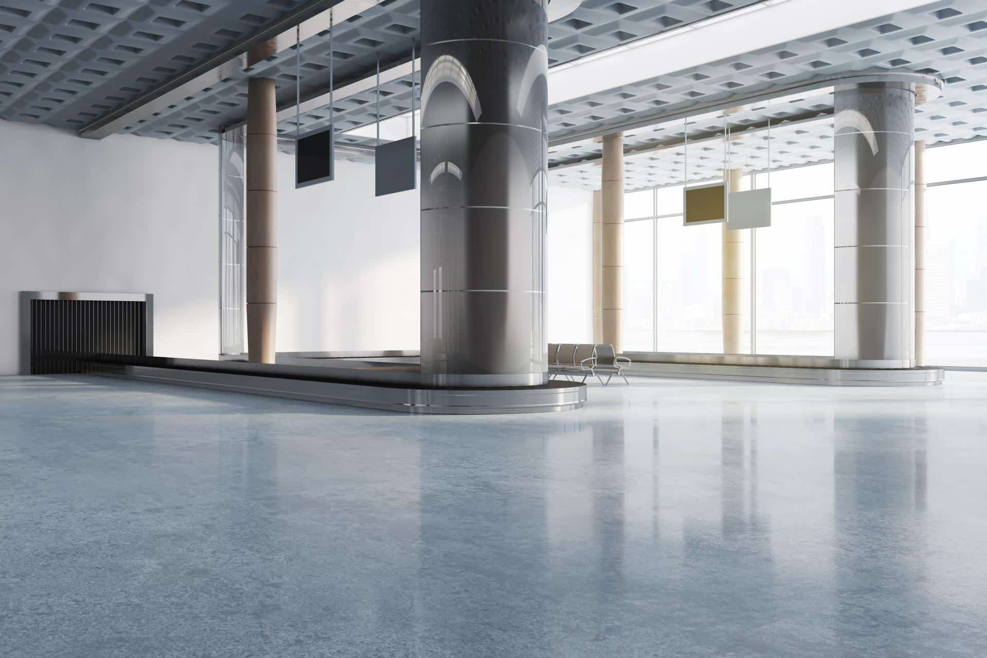 Clean airport waiting area concrete hallway interior with windows city view seats columns 3d rendering